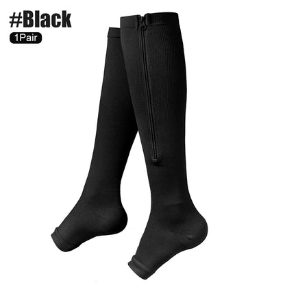 Zipper compression socks, knee-high, black, 1 pair with side zipper for easy wear