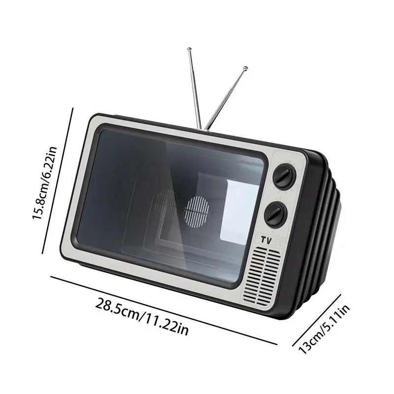 Screen Magnifier for Phones, black and silver portable telephone accessory with retro TV style design