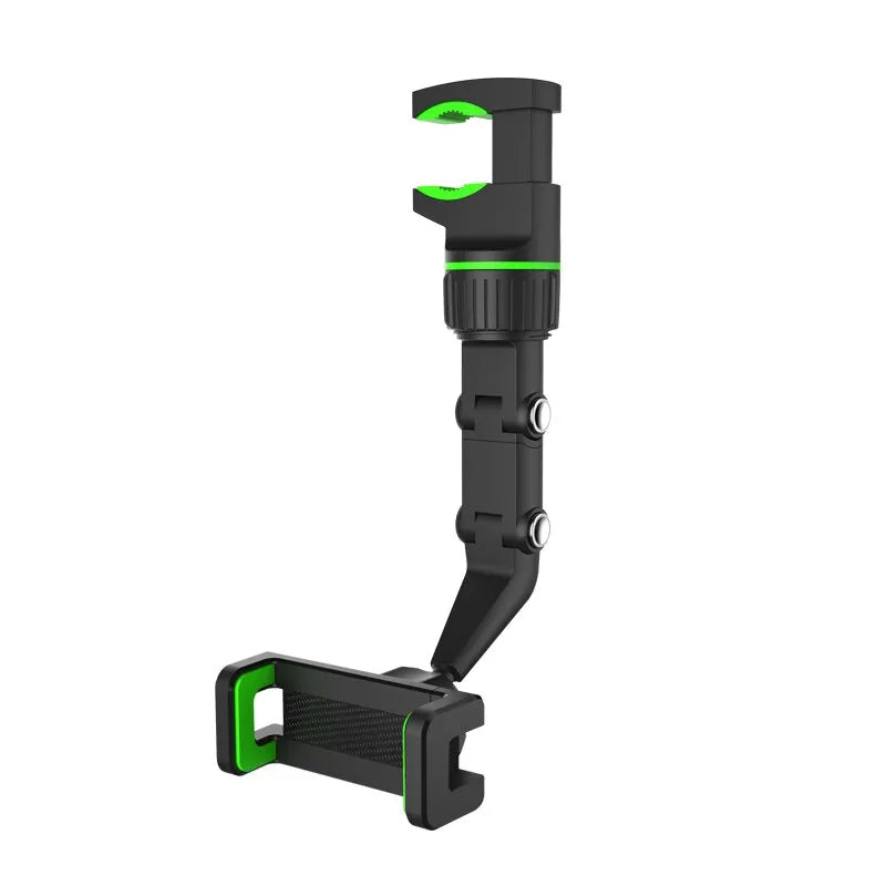 Multifunctional Rearview Mirror Phone Holder in black with lime-green accents and adjustable clamps