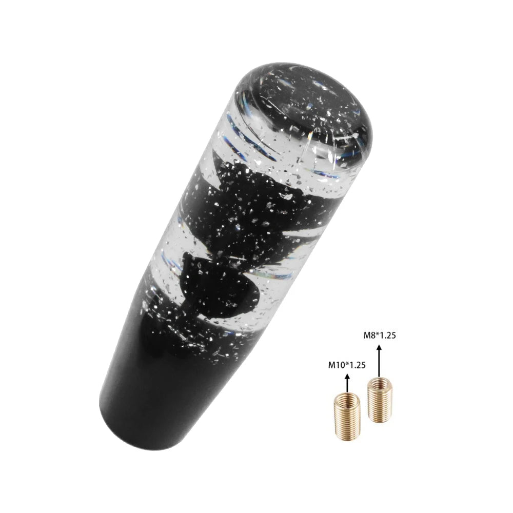 Universal resin shift knob with clear speckled swirl over black base; includes 2 brass adapters