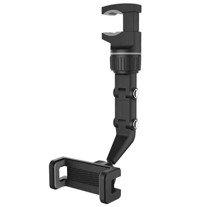 Multifunctional rearview mirror phone holder, black adjustable clamp mount by ViralGalleria.com