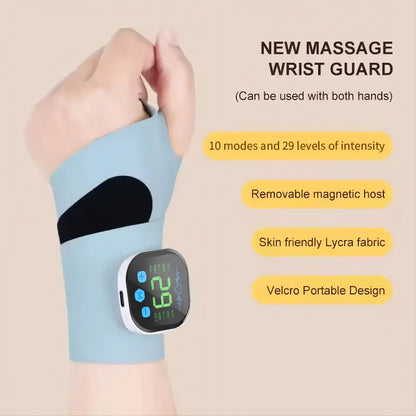 EMS Wrist Massager worn on wrist, blue device with black strap and digital display
