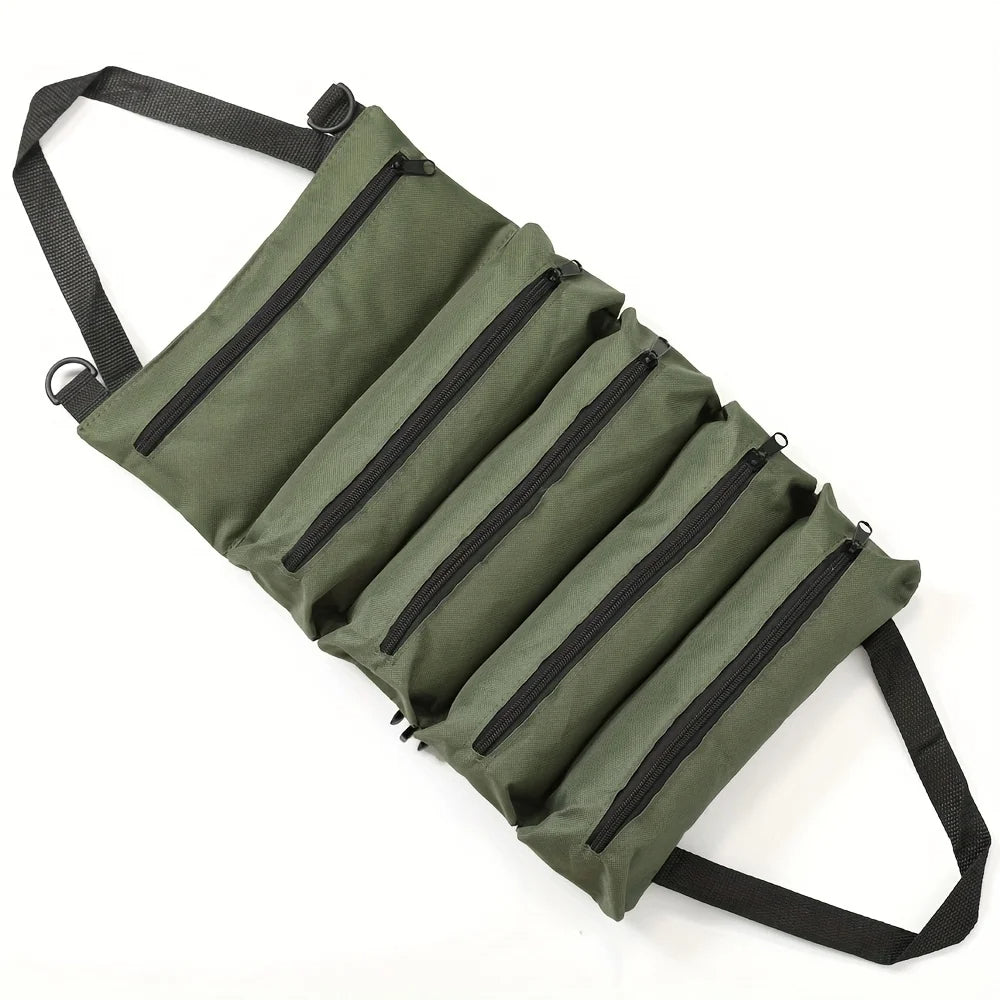 Heavy-Duty Roll-Up Tool Bag in olive green with six zip pockets and a black carrying strap.