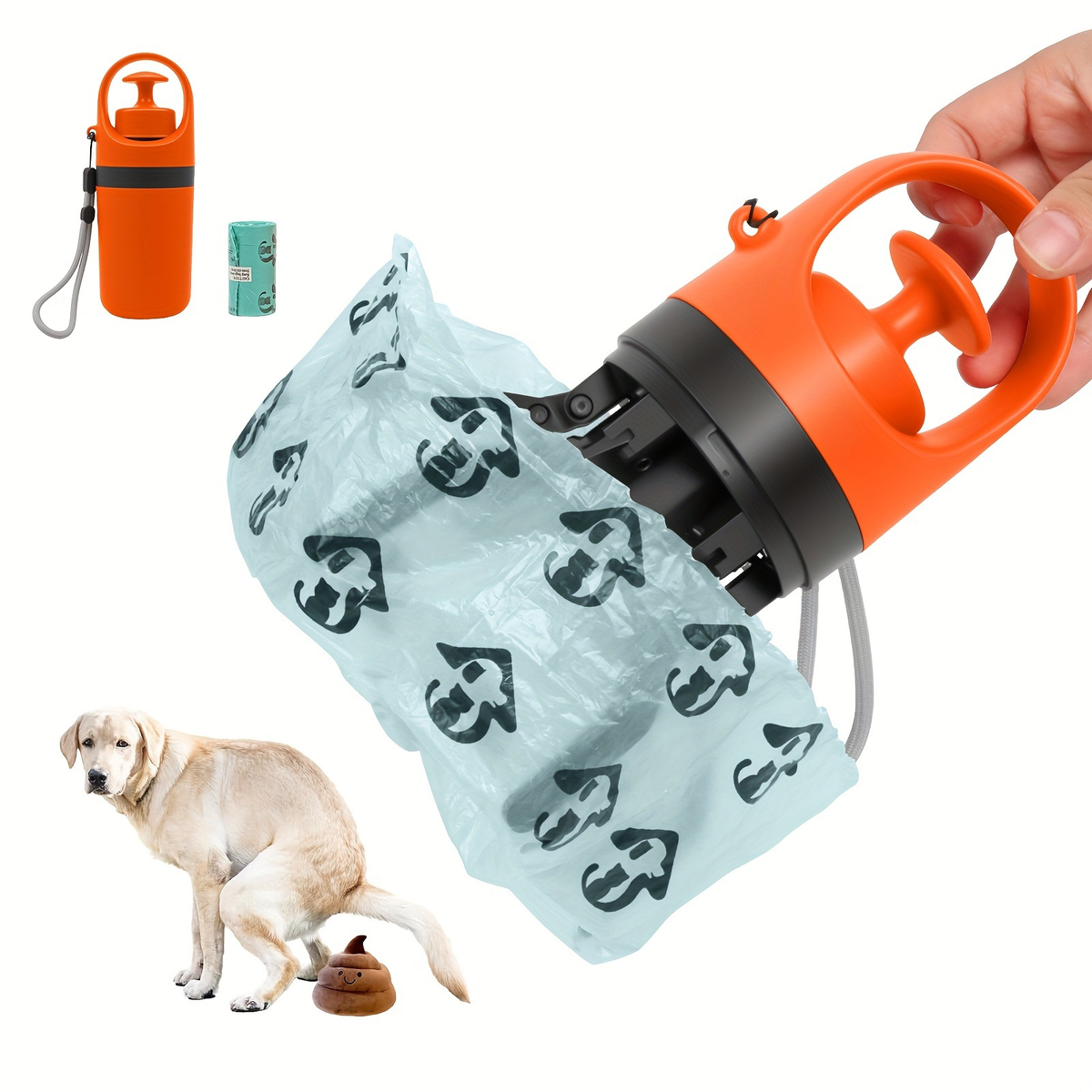 Portable Dog Poop Scooper, orange with black base, ViralGalleria.com; shown with blue poop bag roll and a dog