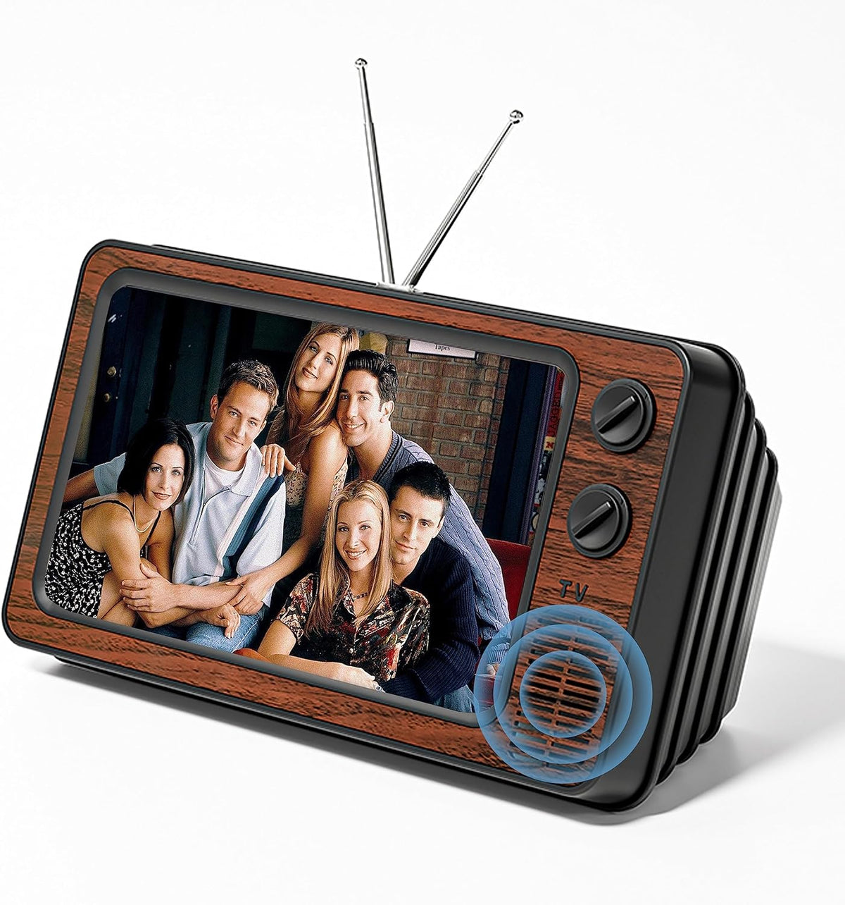 Screen Magnifier for Phones in a wooden retro TV frame with metal knobs.