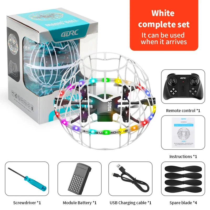 Intelligent Obstacle Avoidance RC Drone by ViralGalleria.com; white drone with LED ring guards and remote