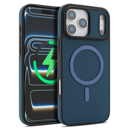Carbon Fiber Case for iPhone with blue carbon-fiber texture and built-in circular ring stand
