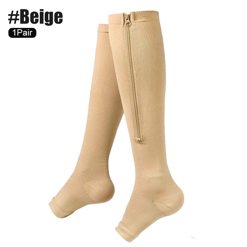 Zipper compression socks, beige knee-high, 1 pair by ViralGalleria.com