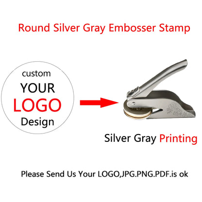 Custom Embosser for Books by ViralGalleria.com; round silver-gray stamp for logo embossing