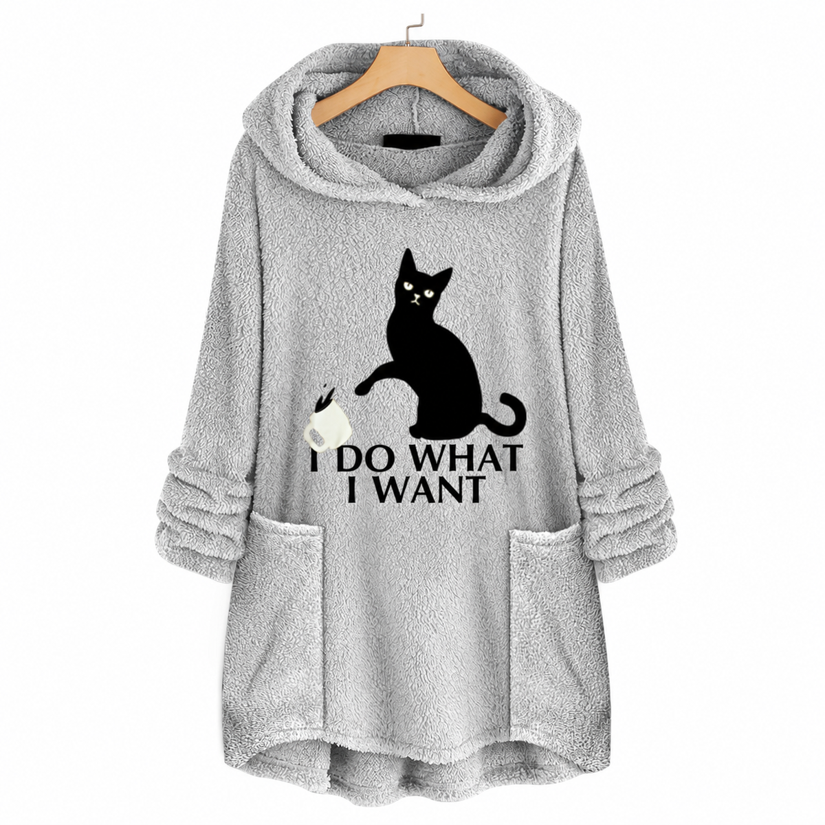 Cat Print Longline Fleece Hoodie