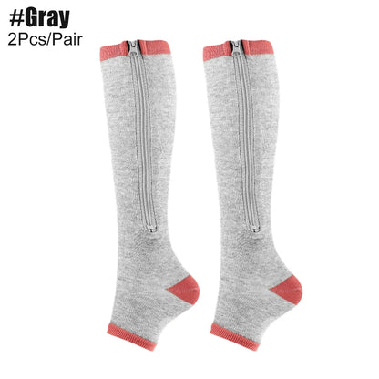 Gray knee-high zipper compression socks with front zippers and pink accents, 2 pieces