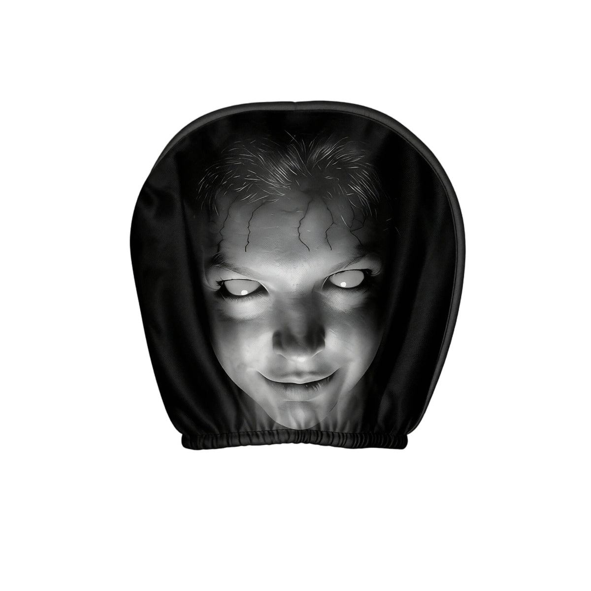 A black hooded mask or face covering featuring a grayscale horror-style printed face with pale glowing eyes, shown on a plain white background. 
Black spandex car headrest cover with eyeless horror face print