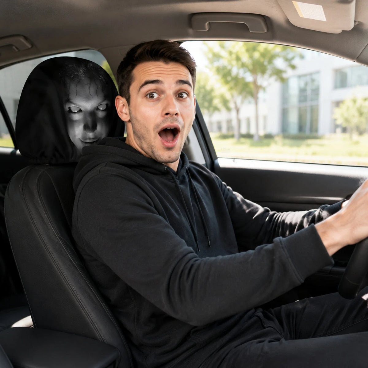 Driver reacting to a horror face cover installed behind him