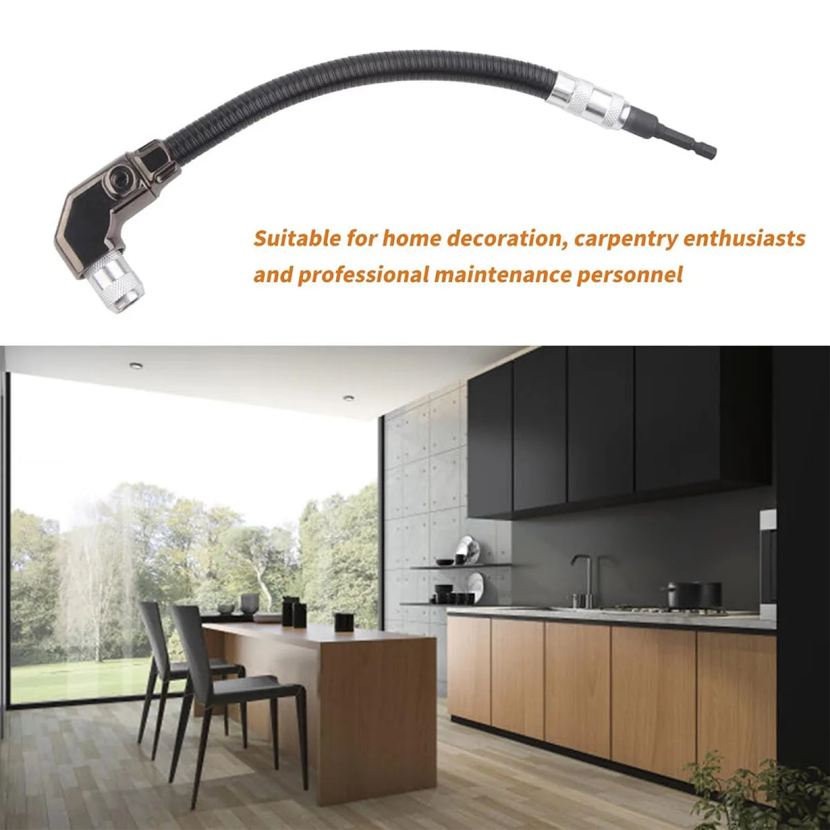 Flexible drill attachment bending into a tight corner. Kitchen interior with modern design featuring black cabinets and wooden island, accompanied by a hose for home decoration or maintenance.
