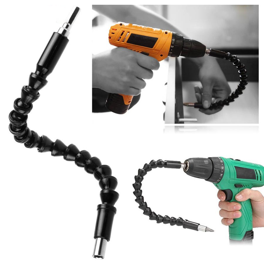Flexible hex bit extension attached to cordless drills for reaching tight spaces