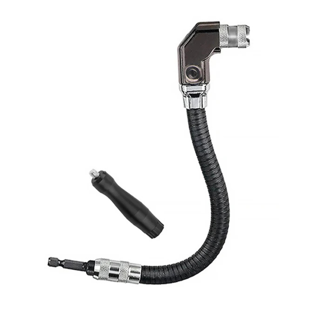 Flexible right-angle drill attachment reaching a screw inside a cabinet. A flexible black corrugated hose tool with a silver and black angled head, shown alongside a separate black handle on a plain white background.