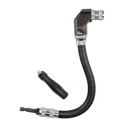 Flexible right-angle drill attachment reaching a screw inside a cabinet. A flexible black corrugated hose tool with a silver and black angled head, shown alongside a separate black handle on a plain white background.