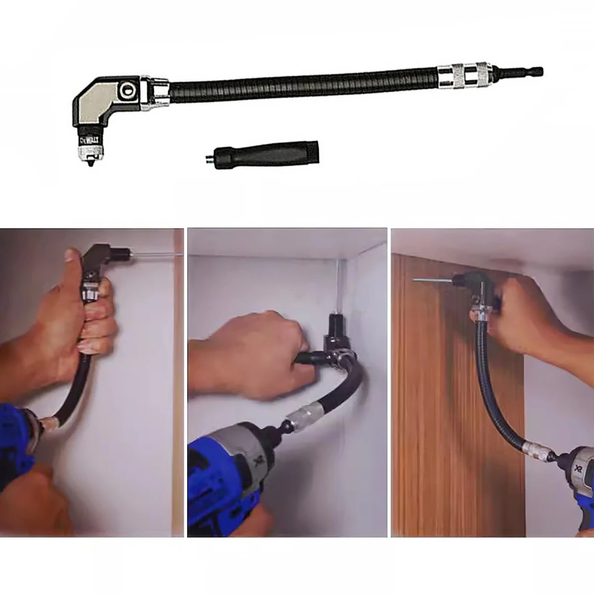 Flexible right-angle drill extension for cabinet installation and home repairs. A wall-mounted angle drill adapter with a flexible black hose and silver metal fittings, shown both as a standalone product on a white background and in three usage panels demonstrating installation and operation with a drill.