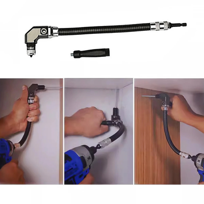 Flexible right-angle drill extension for cabinet installation and home repairs. A wall-mounted angle drill adapter with a flexible black hose and silver metal fittings, shown both as a standalone product on a white background and in three usage panels demonstrating installation and operation with a drill.