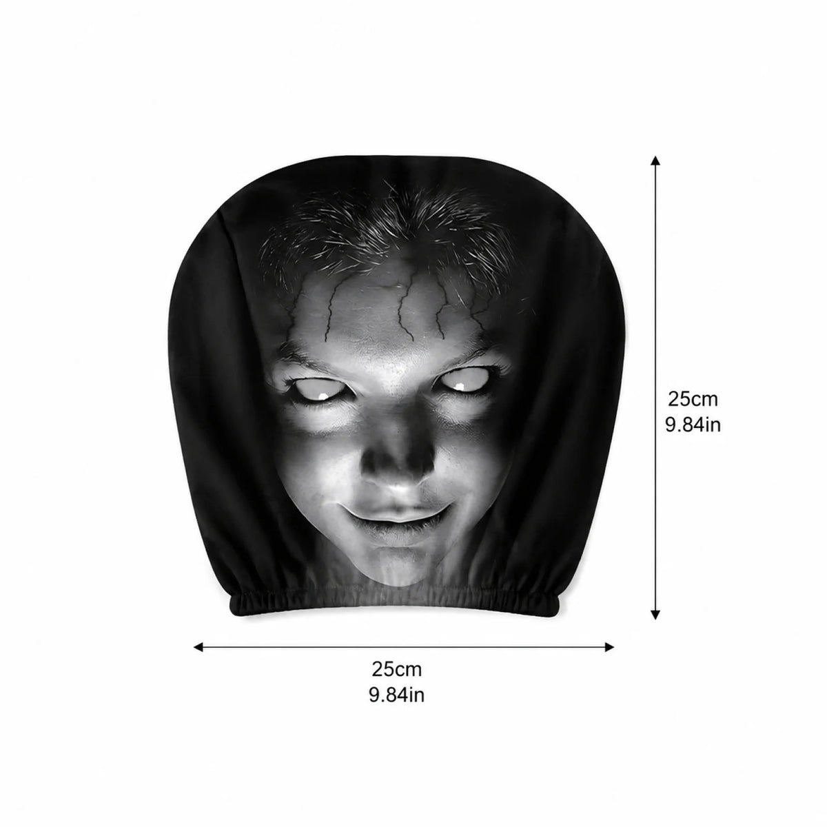 A black hooded mask or head covering with a grayscale horror face printed on it, shown on a white background with dimension arrows and labels indicating 25cm width and 25cm height. 
Horror face car headrest cover measuring 25 by 25 centimeters
