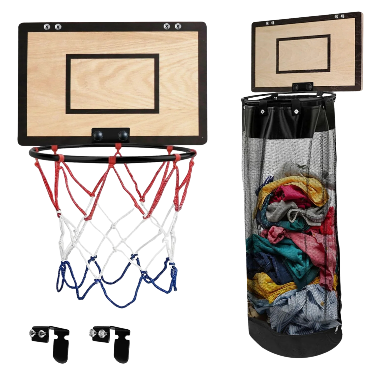 Laundry basketball hoop with mesh hamper dimensionsy
Basketball hoop kit with a wood-look backboard, black rim and net, shown with two mounting brackets and a black mesh laundry hamper filled with colorful clothes on a light gray background.