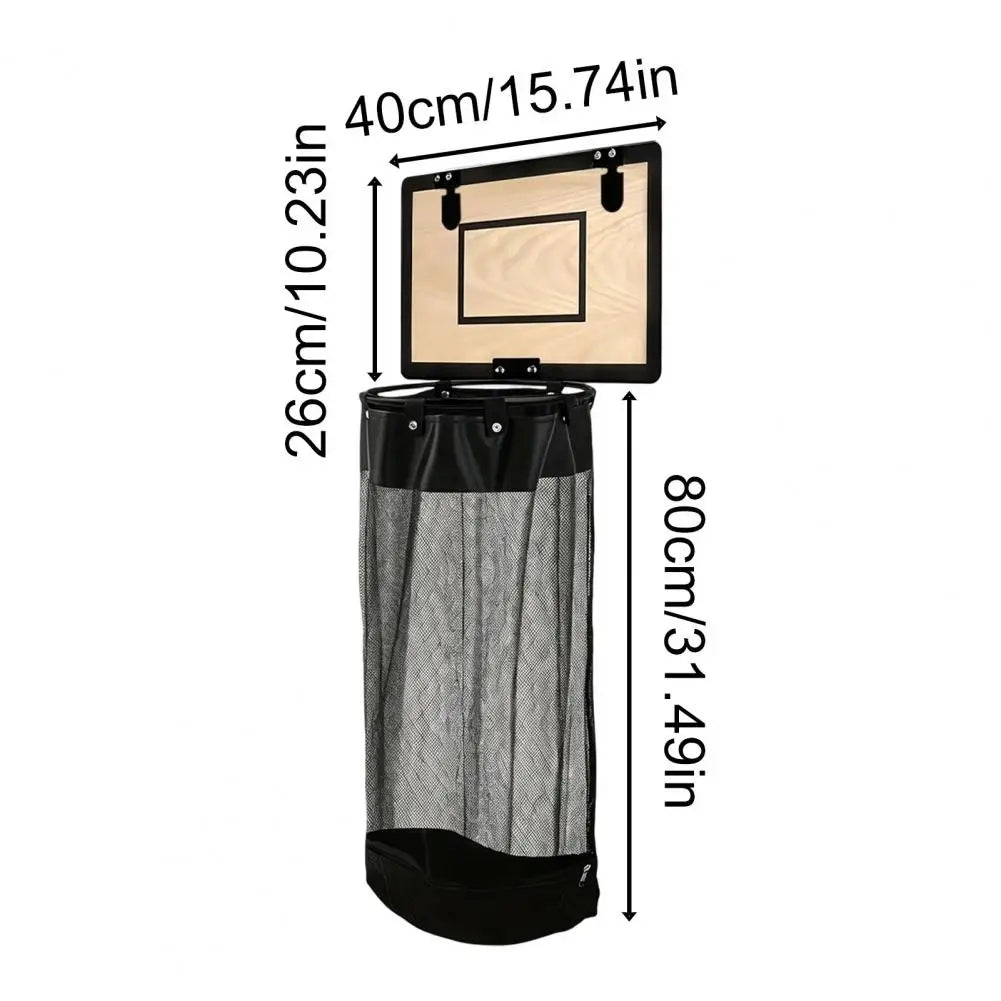 A basketball hoop and backboard accessory set shown with overlaid dimension labels: 40cm width for the hoop, 26cm height for the backboard, and 80cm height for the hanging basket. The product is photographed on a plain white background.
Basketball laundry organizer with colorful clothes