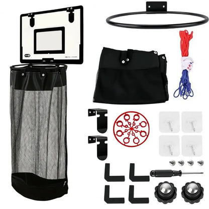 Basketball hoop kit with a black mesh basketball basket, backboard, black storage bag, mounting hardware, red and blue rope, wall hooks, and a screwdriver on a white background.