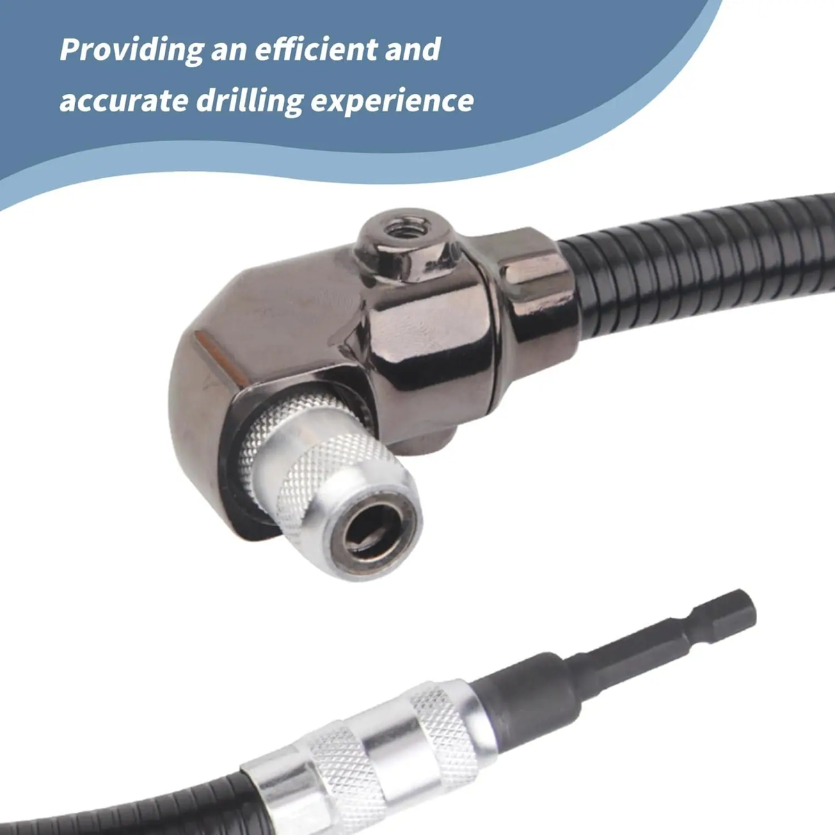 Side handle on flexible right-angle drill attachment. A black corrugated hose with a metallic right-angle connector and a matching hex driver bit, shown on a white background with a blue banner reading 'Providing an efficient and accurate drilling experience'.
