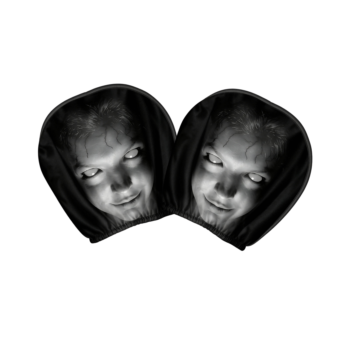A pair of black hooded face masks featuring a high-contrast black and white horror-style printed face design, shown against a plain white background. 
Two black horror face car headrest covers for the two-pack option