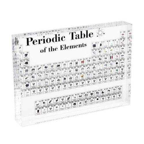 Clear acrylic periodic table of elements desk display, front view
