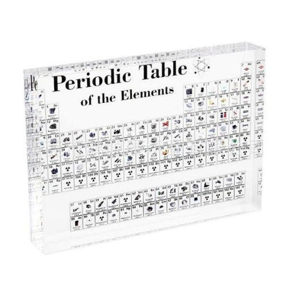 Clear acrylic periodic table of elements desk display, front view