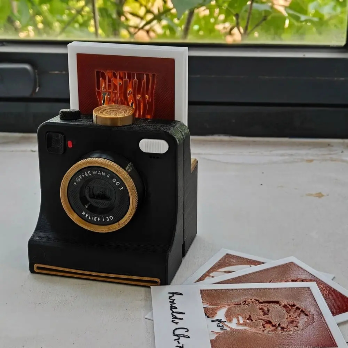 Black camera-shaped coffee stencil tool displayed with interchangeable design cards