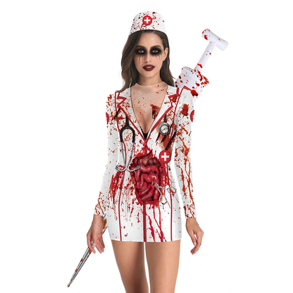 Woman modeling a Bloody Nurse Halloween mini dress with horror-themed styling accessories. 
Halloween costume with bloody medical theme on a white background