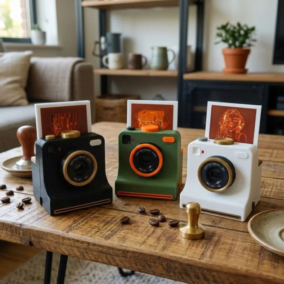 Black, green, and white camera-shaped latte art stencil tools displayed together