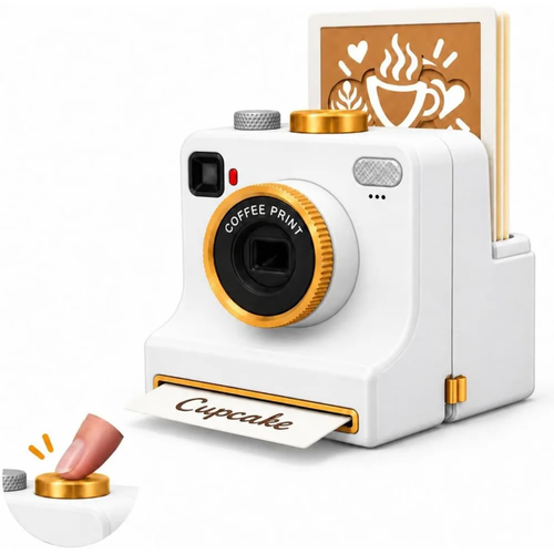White camera-shaped latte art stencil tool with a coffee cup design card