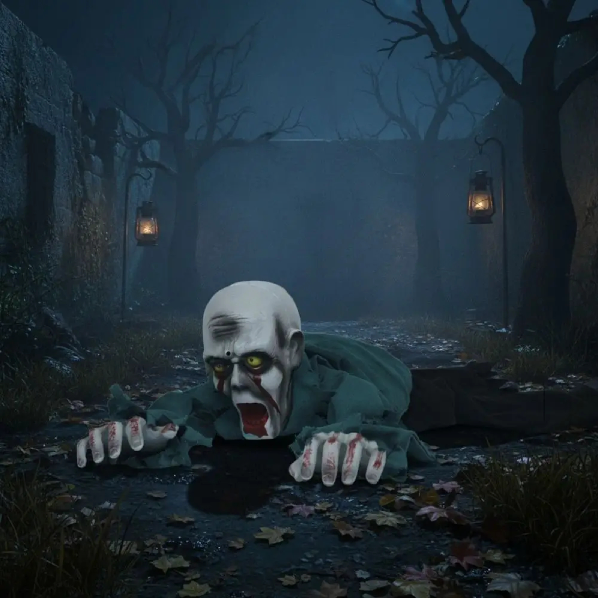 Animated zombie crawling through a dark Halloween forest display. 
A creepy Halloween zombie prop crawling forward in a dark, foggy outdoor alley with bare trees and hanging lanterns.