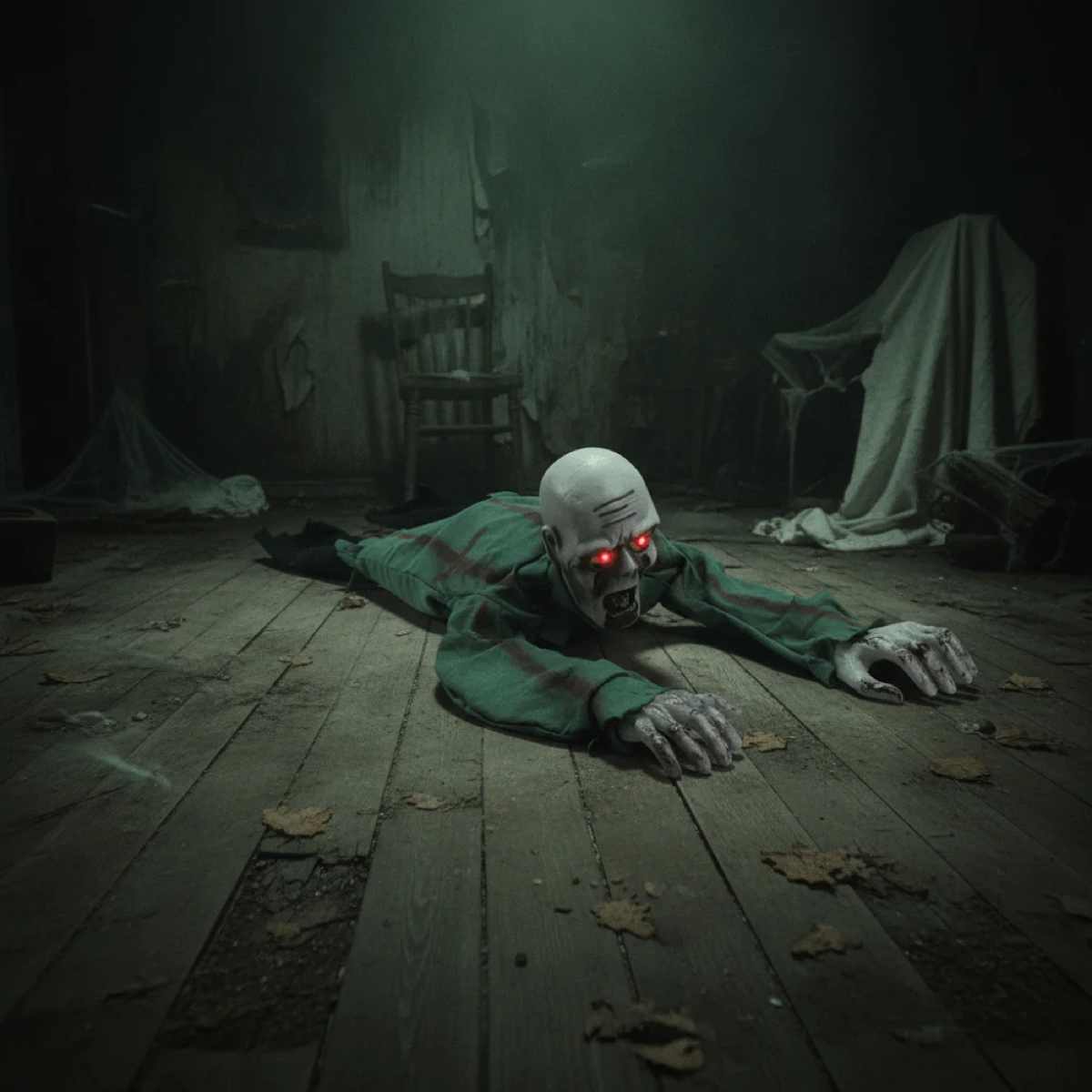 Crawling zombie prop moving across the floor of a dark haunted room. 
A creepy Halloween prop of a crawling zombie or skeleton figure with glowing red eyes and tattered green clothing, posed on a wooden floor in a dark, spooky room.