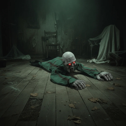 Crawling zombie prop moving across the floor of a dark haunted room. 
A creepy Halloween prop of a crawling zombie or skeleton figure with glowing red eyes and tattered green clothing, posed on a wooden floor in a dark, spooky room.