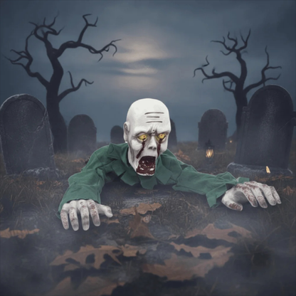 Creepy crawling zombie prop displayed in a foggy graveyard scene. 
A Halloween-style zombie prop crawling out of a foggy graveyard at night, wearing a green shirt and reaching toward the viewer with yellow glowing eyes.