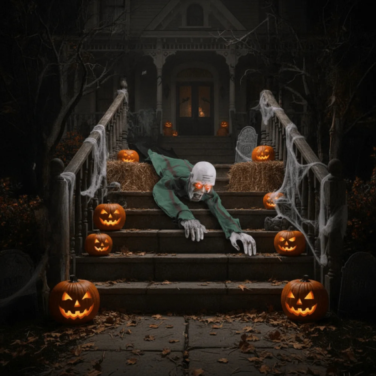 Crawling zombie Halloween decoration on haunted-house steps surrounded by pumpkins. 
Halloween scene with a skeleton figure crawling up stone steps toward a haunted house, surrounded by carved pumpkins, cobwebs, hay bales, and bare trees.