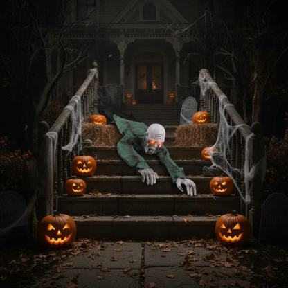 Crawling zombie Halloween decoration on haunted-house steps surrounded by pumpkins. 
Halloween scene with a skeleton figure crawling up stone steps toward a haunted house, surrounded by carved pumpkins, cobwebs, hay bales, and bare trees.