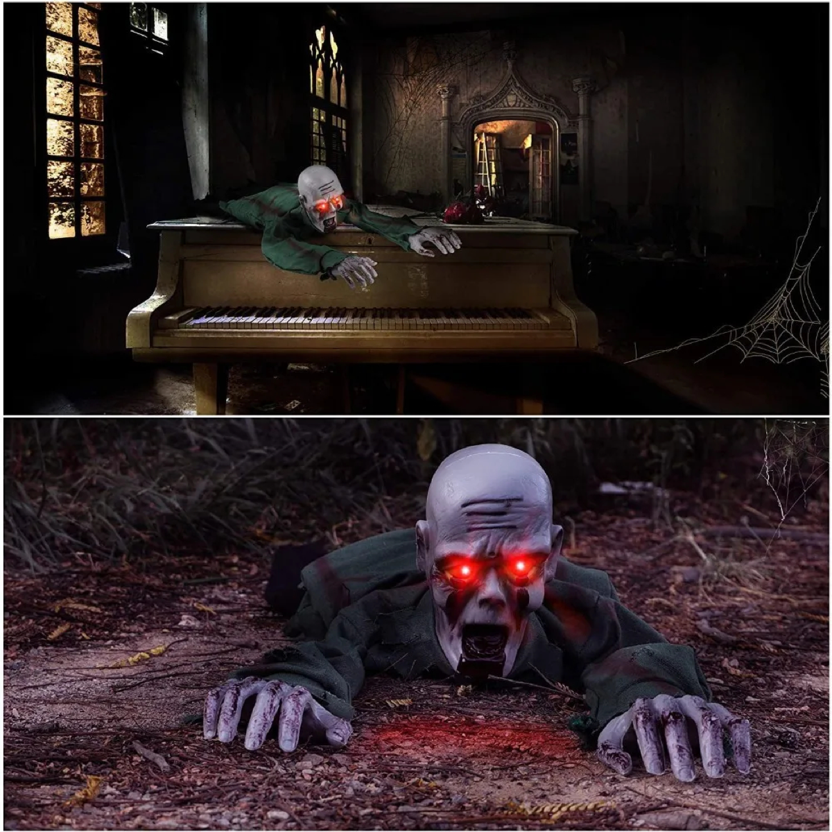 Animated crawling zombie displayed over an old piano in a haunted interior. 
A Halloween decoration of a crawling zombie, shown in two views: one on top of a grand piano in a dark room, and one crawling on a forest floor with glowing red eyes.