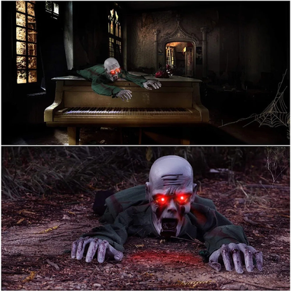 Animated crawling zombie displayed over an old piano in a haunted interior. 
A Halloween decoration of a crawling zombie, shown in two views: one on top of a grand piano in a dark room, and one crawling on a forest floor with glowing red eyes.