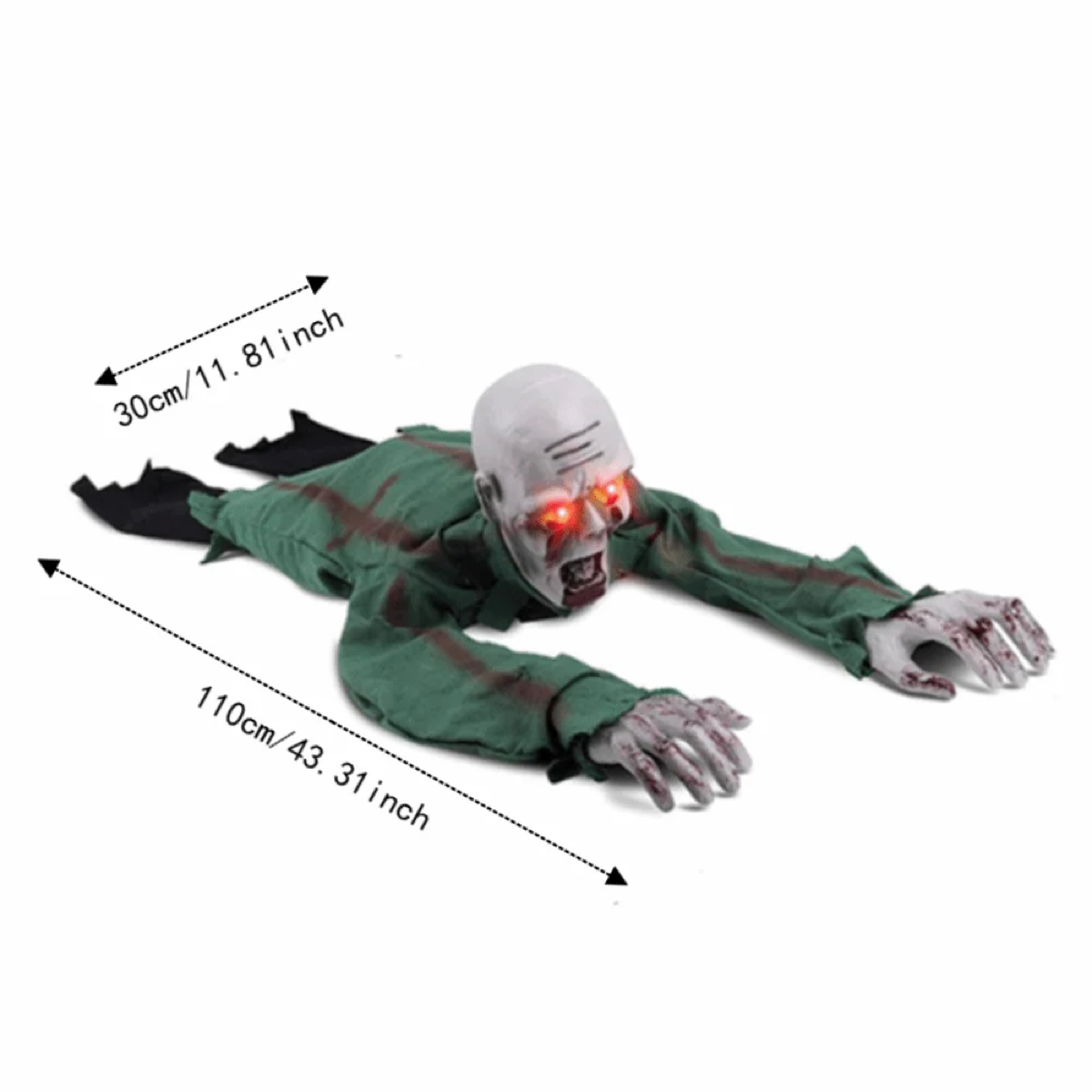 Crawling zombie Halloween prop dimensions showing approximately 110 cm by 30 cm. 
A crawling zombie Halloween decoration shown on a white background with dimension arrows and text indicating 110cm (43.31 inches) length and 30cm (11.