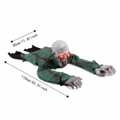 Crawling zombie Halloween prop dimensions showing approximately 110 cm by 30 cm. 
A crawling zombie Halloween decoration shown on a white background with dimension arrows and text indicating 110cm (43.31 inches) length and 30cm (11.