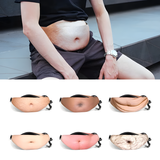 Person seated while wearing a realistic belly-print novelty waist bag.
Person sitting on a toilet with a close-up of their stomach, followed by a display of different colored stomachs.