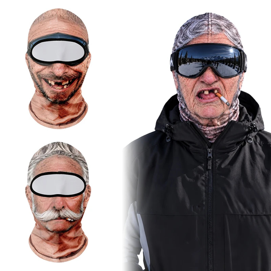 Three Grandpa Face Balaclava designs with Cigarette Scowl shown wearing ski goggles. 
A person wearing a grimy, zombie-like face mask with a black eye patch and a black jacket, shown alongside two smaller cutouts of the mask on a white background.