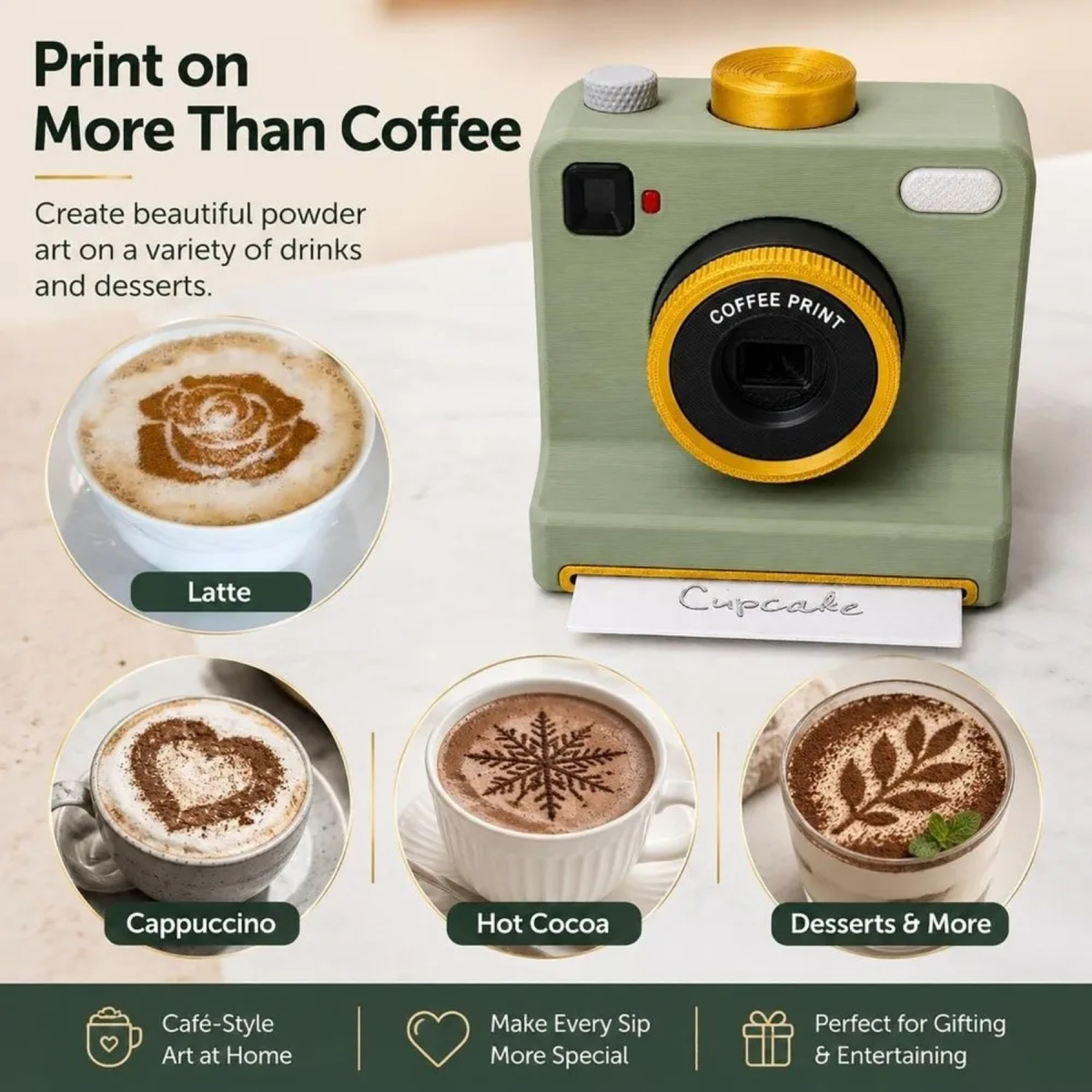 Camera-shaped food stencil tool shown with latte, cappuccino, hot cocoa, and dessert designs