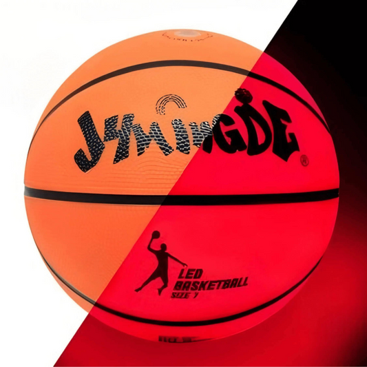 Orange size 7 LED light-up basketball on a white background. 
Basketball with 'JIMMYGDE' branding on an orange and red background
