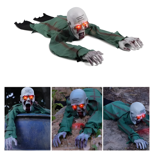 Sound-activated crawling zombie Halloween prop with glowing eyes on a white background. 
A creepy crawling zombie Halloween decoration shown in a large top view and three smaller bottom inset views demonstrating different poses. The zombie has a green tattered suit, gray skin, and glowing red eyes.